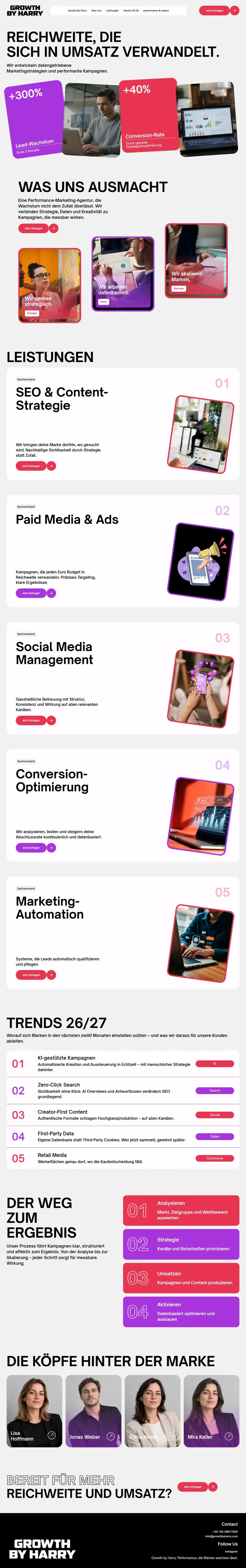 Screenshot der von E-WOLA erstellten Website der Performance-Marketing-Agentur Growth By Harry — Desktop-Ansicht