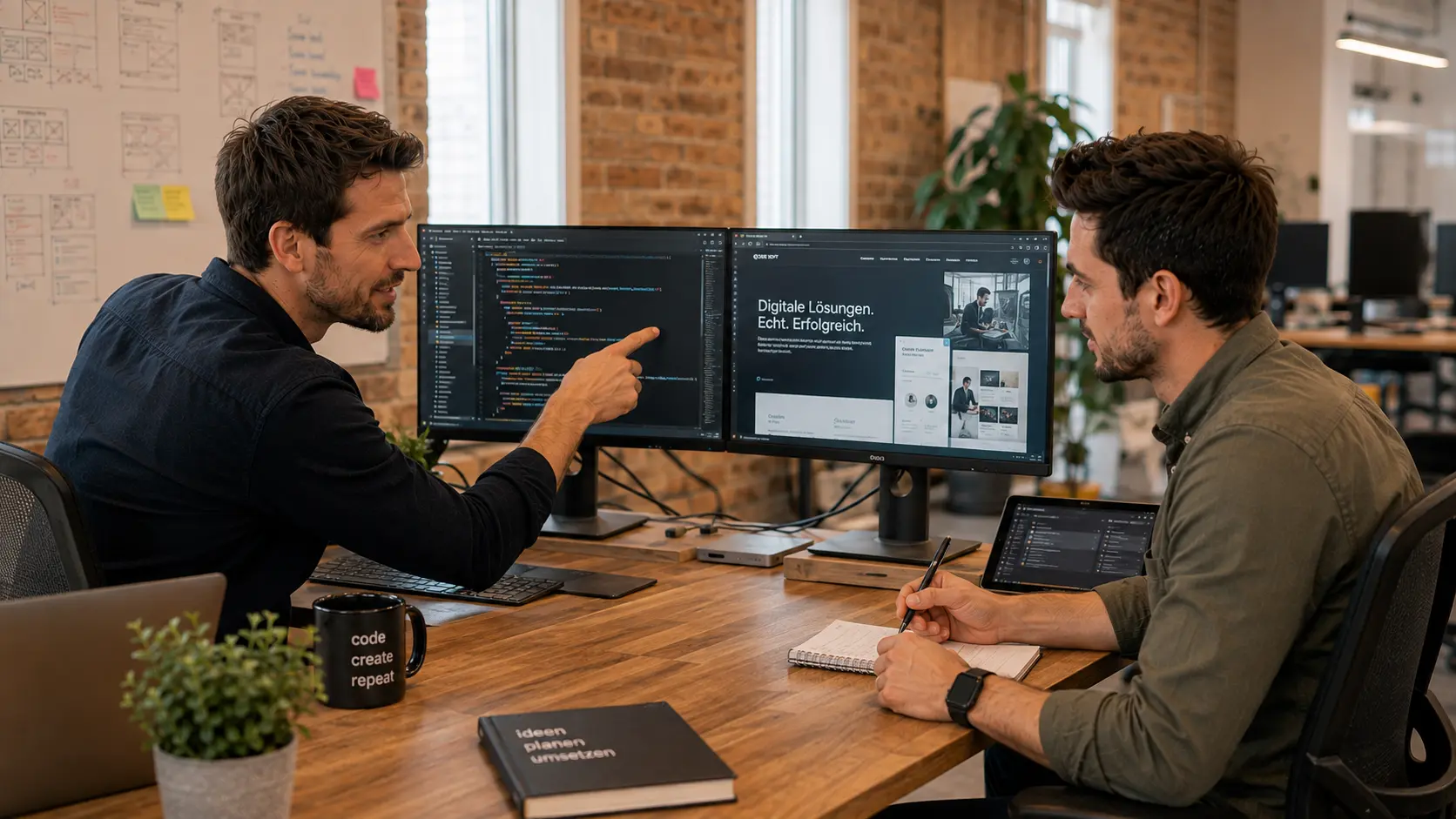 Lucky und Chris besprechen Logo-Konzepte bei der Logo Design Agentur e-wola Augsburg